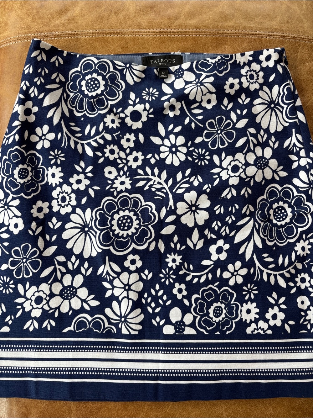 Talbots Navy and White Floral A-Line Skirt with Border